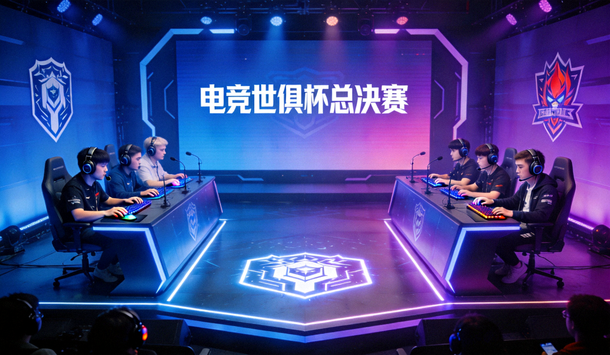 电竞世俱杯总决赛舞台全景，两队选手在大屏幕前进行决胜局对战