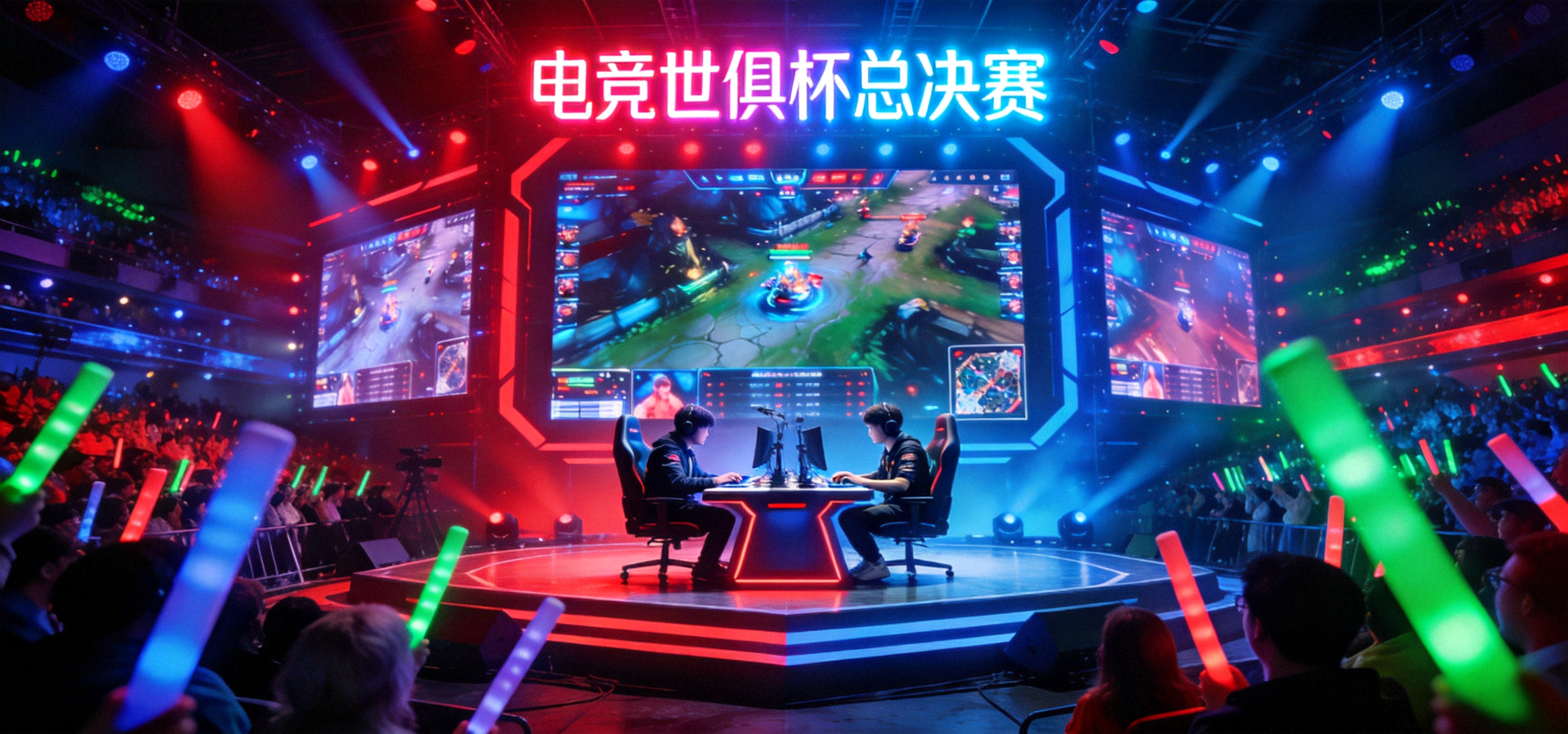 电竞世俱杯总决赛现场，选手在舞台中央对战，观众席灯光璀璨