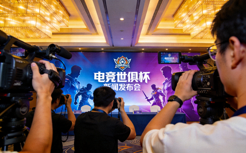 电竞世俱杯新闻发布会现场，媒体记者正在拍摄主视觉背景板